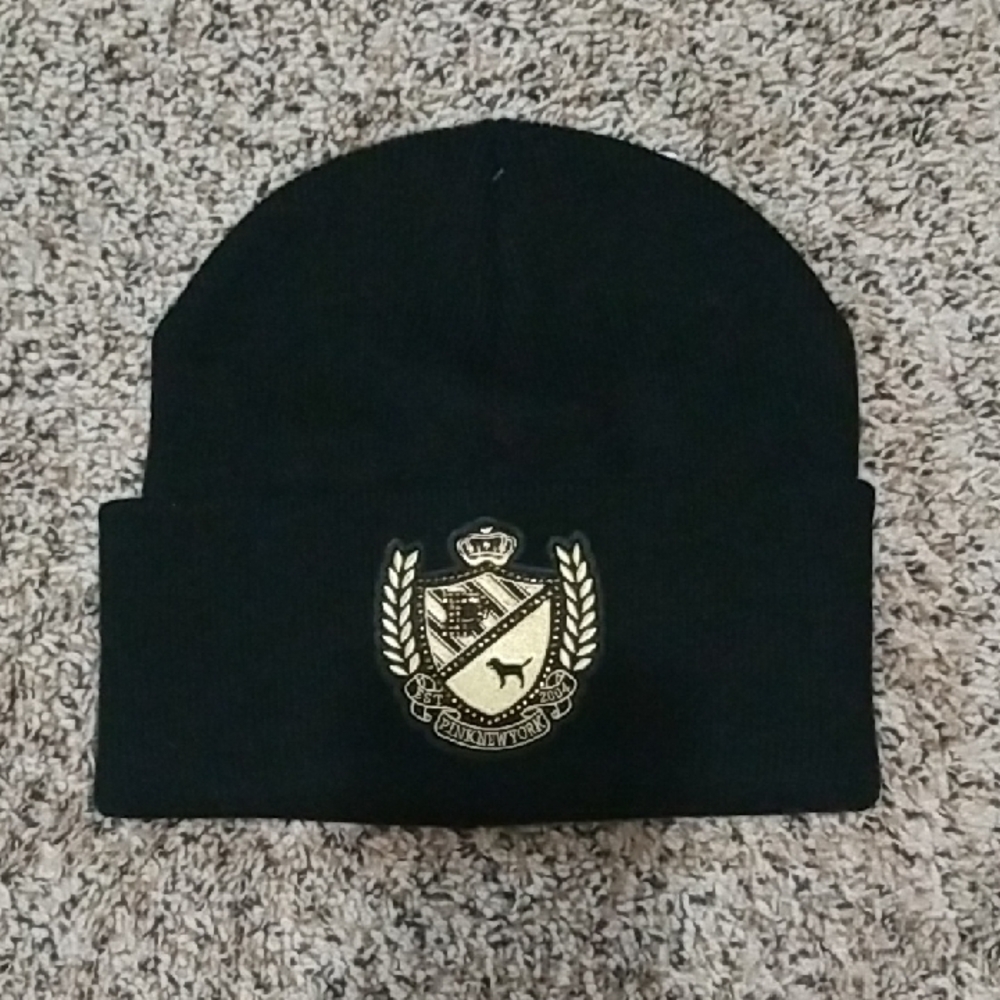 PINK Victoria's Secret Black Beanie with Gold Crest